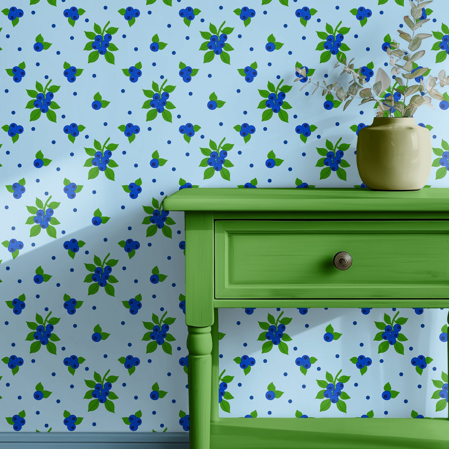 blue and green blueberry pattern wallpaper, cottage core wallpaper, elegant fruit wallpaper for kitchens, cafe, modern wallpaper