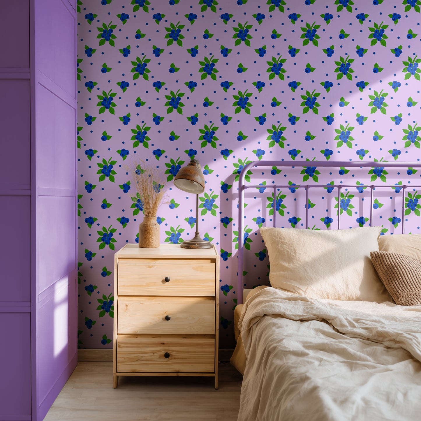 blueberry wallpaper on lilac background, teenager bedroom, girl bedroom purple bedroom wallpaper, maximalist decor, romantic modern wallpaper