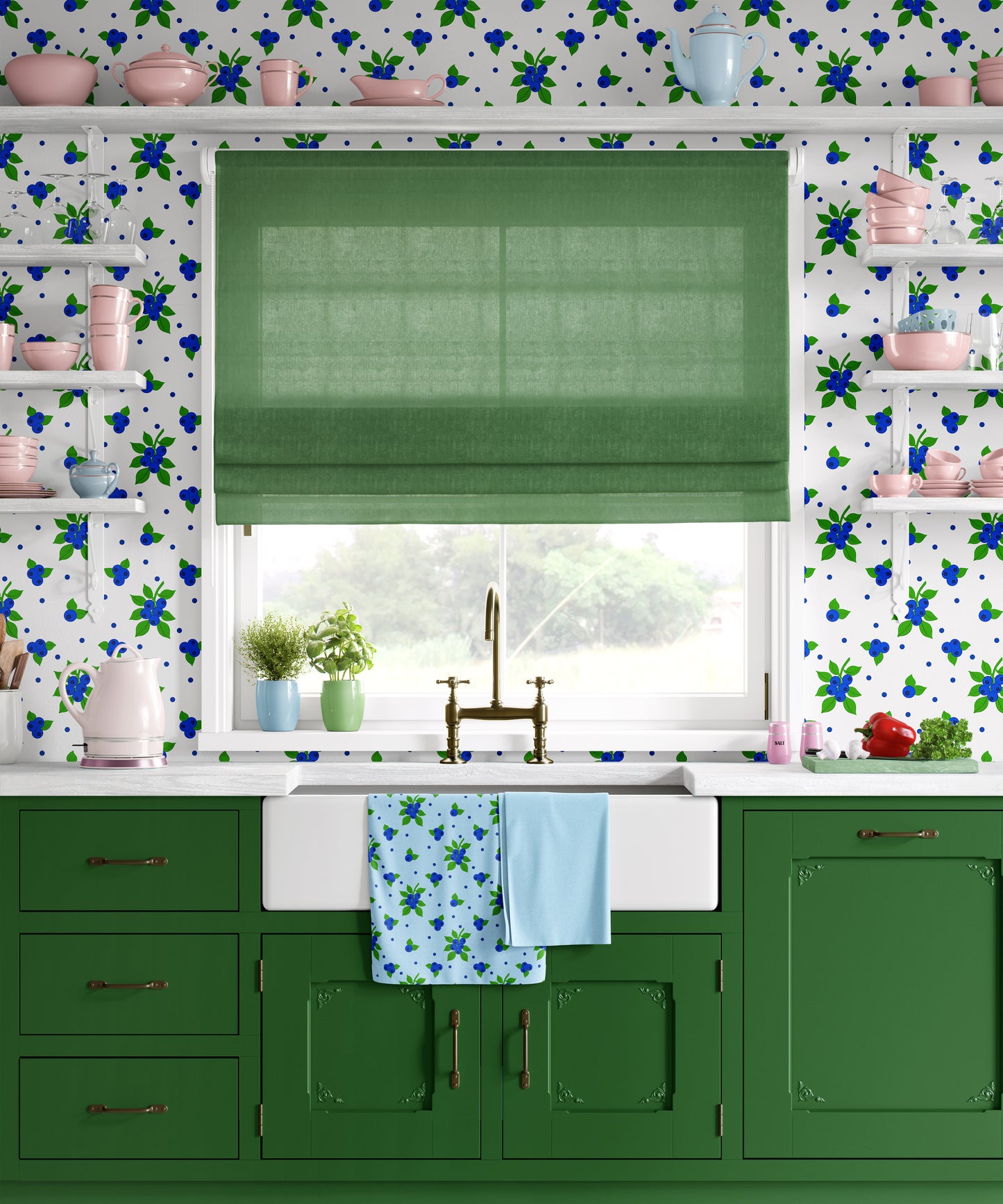 blueberry pattern wallpaper for cottage core kitchen, kitchen wallpaper, blue and green wallpaper, cottage aesthethic, country style, modern country wall coverings