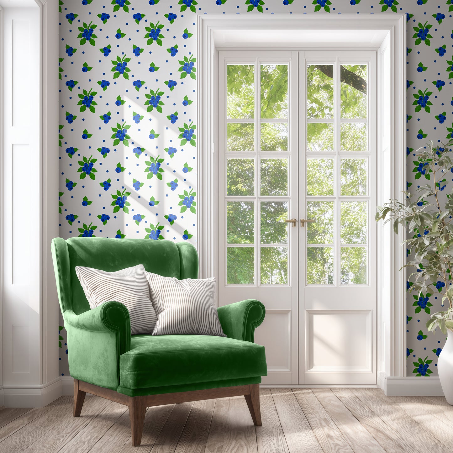blueberry wallpaper, elegant quirky modern wallpaper for stylish interiors, blue and green room