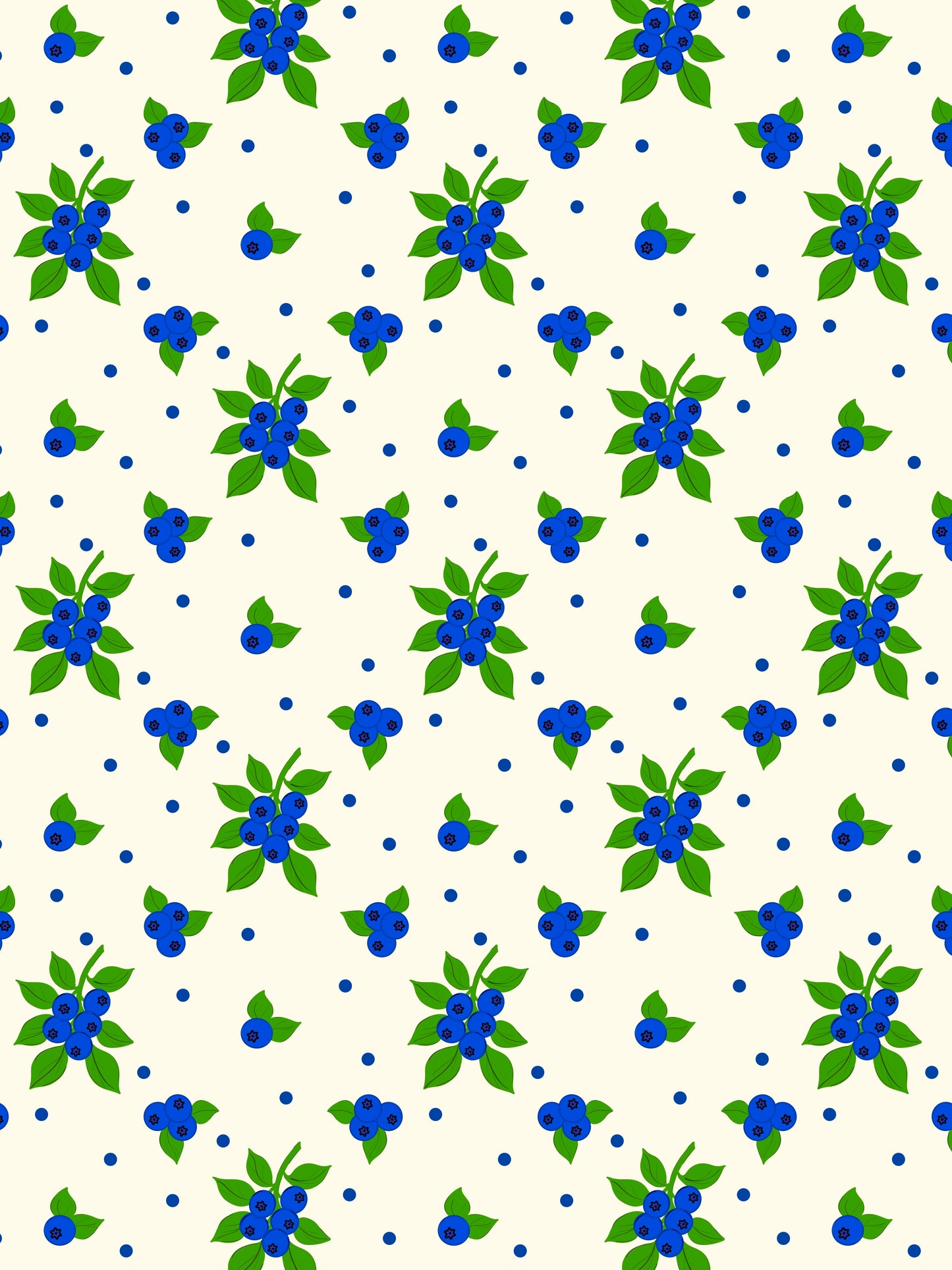 Pattern of blue berries and green leaves on a white background