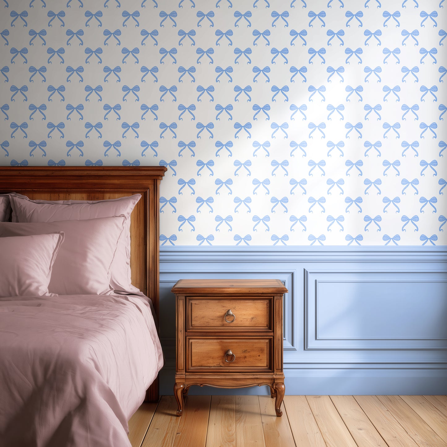 Bedroom wallpaper with blue bow pattern, modern romantic wallpaper, best for bedroom, girls bedroom, pastel blue decor, elegant bows wallpaper