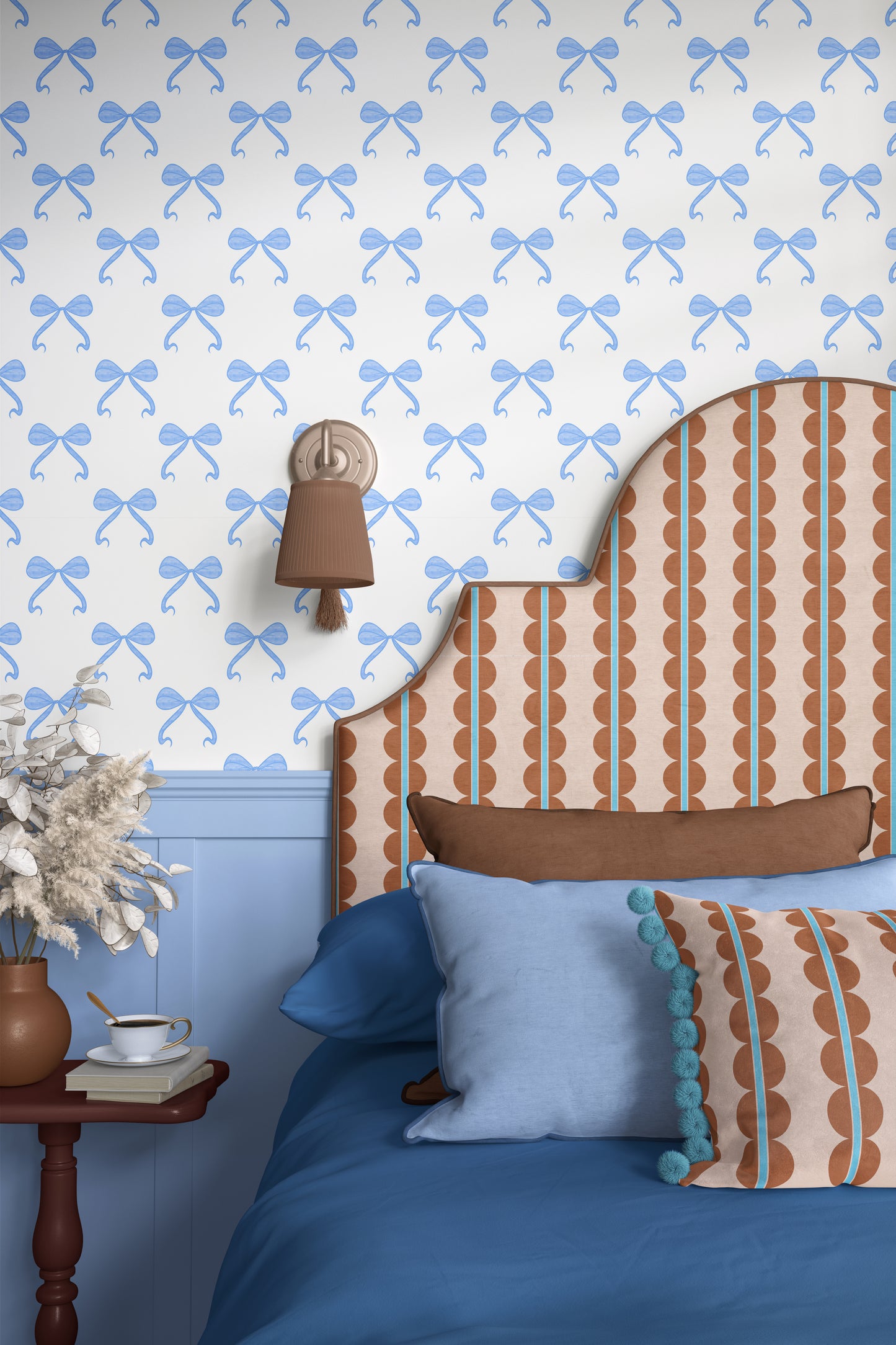blue and brown aesthetic wallpaper, light pastel blue bows wallpaper, bow wallpaper in blue, elegant bedroom wallpaper