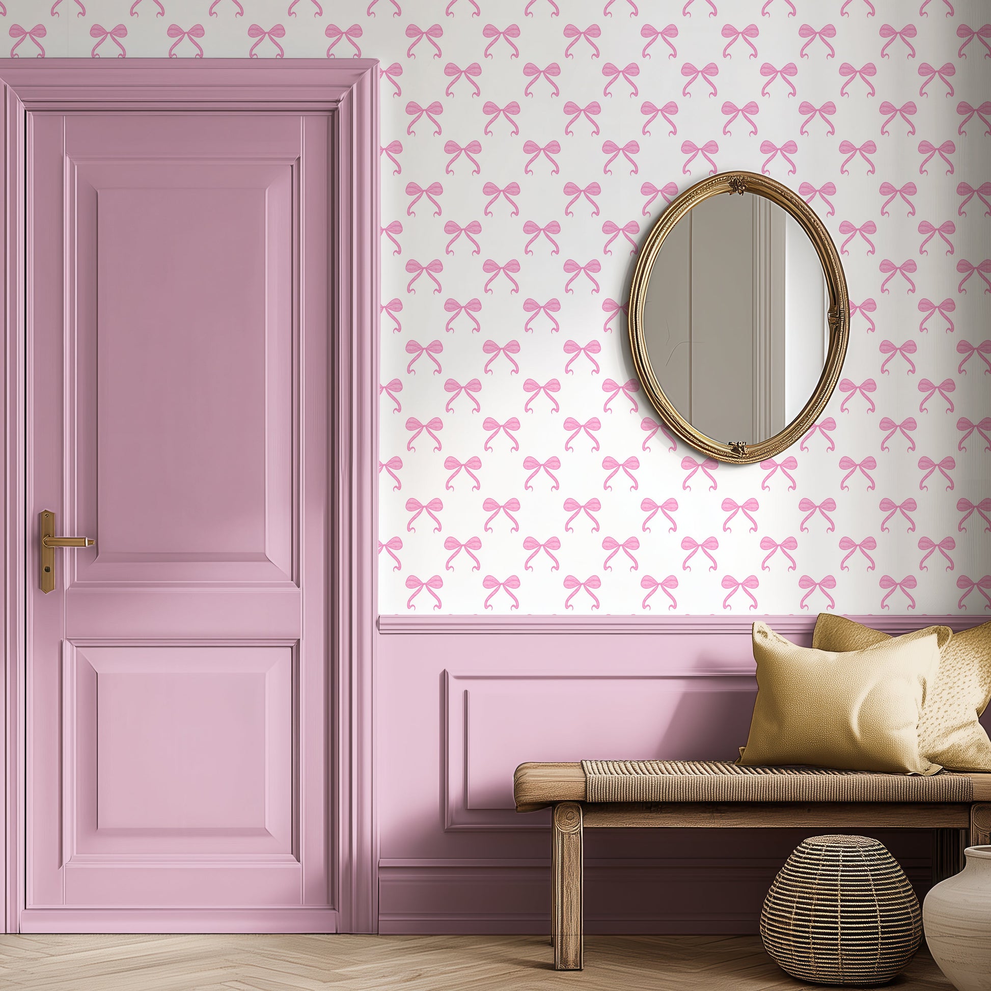 Bow-patterned wallpaper in pink colour, stylish modern luxury interior, pink hallway wallpaper