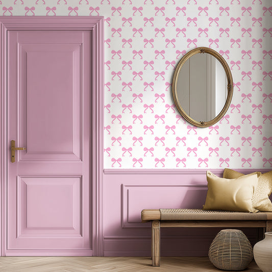 Bow-patterned wallpaper in pink colour, stylish modern luxury interior, pink hallway wallpaper