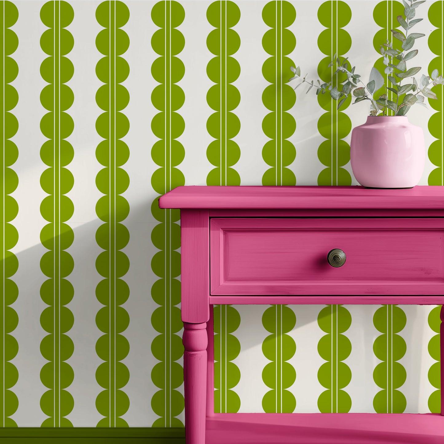 green bubbles and stripes wallpaper, scallops pattern with stripes, made to order luxury wallpaper made in the UK