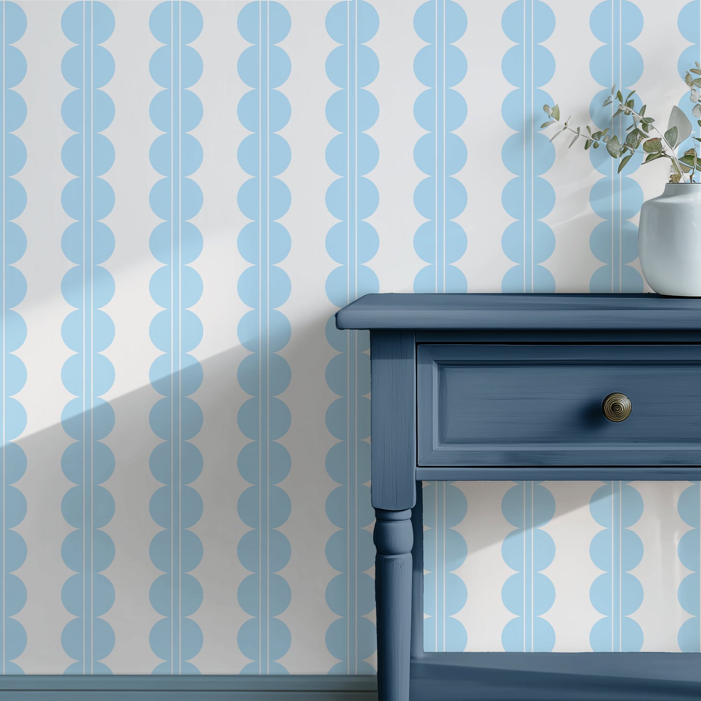 Blue and white stripes and scallops wallpaper, luxury interior decor 