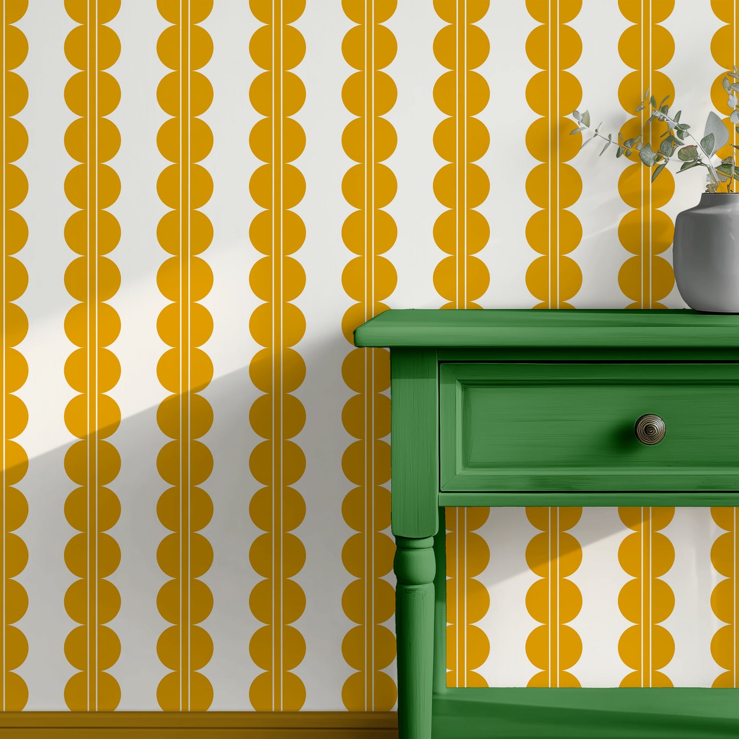 scallops and stripes wallpaper in yellow colour, luxury wallpaper made to order in the UK, kids wallpaper, yellow bedroom wallpaper
