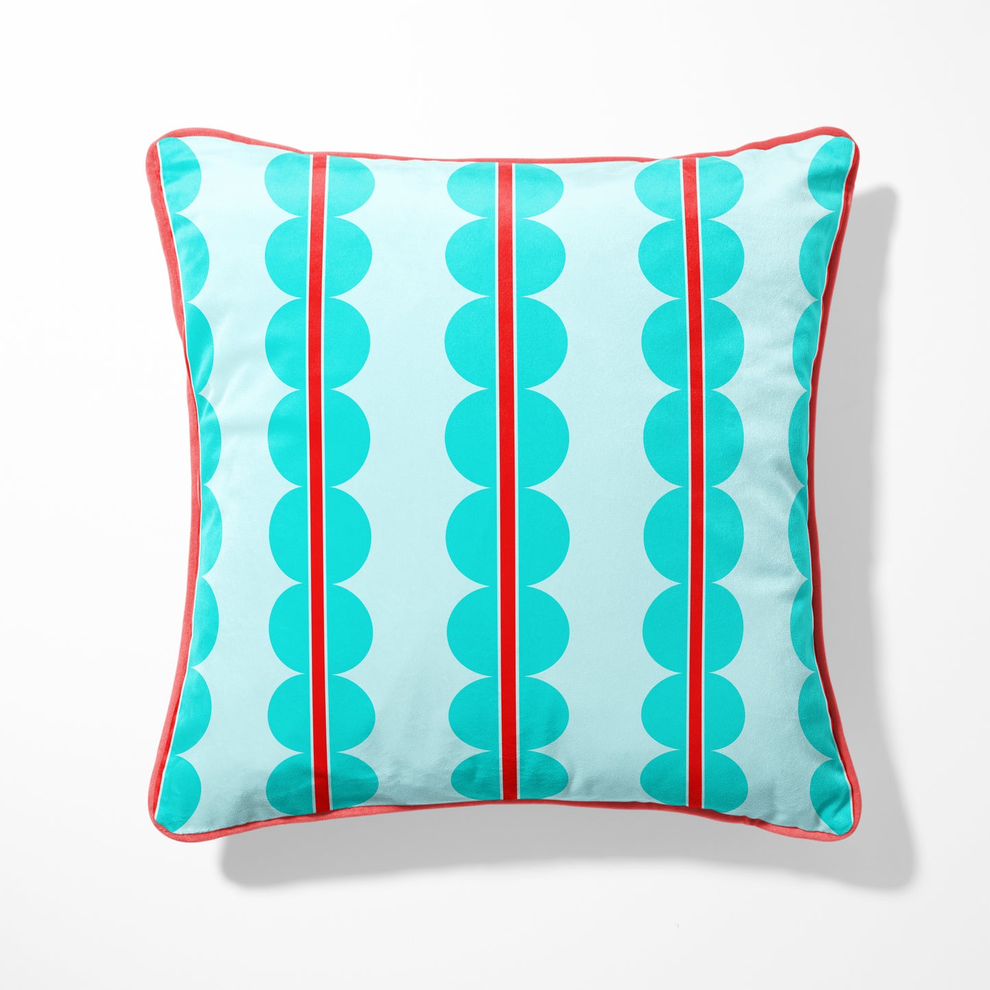 luxury designer cushion in turquoise and red colour, red piping