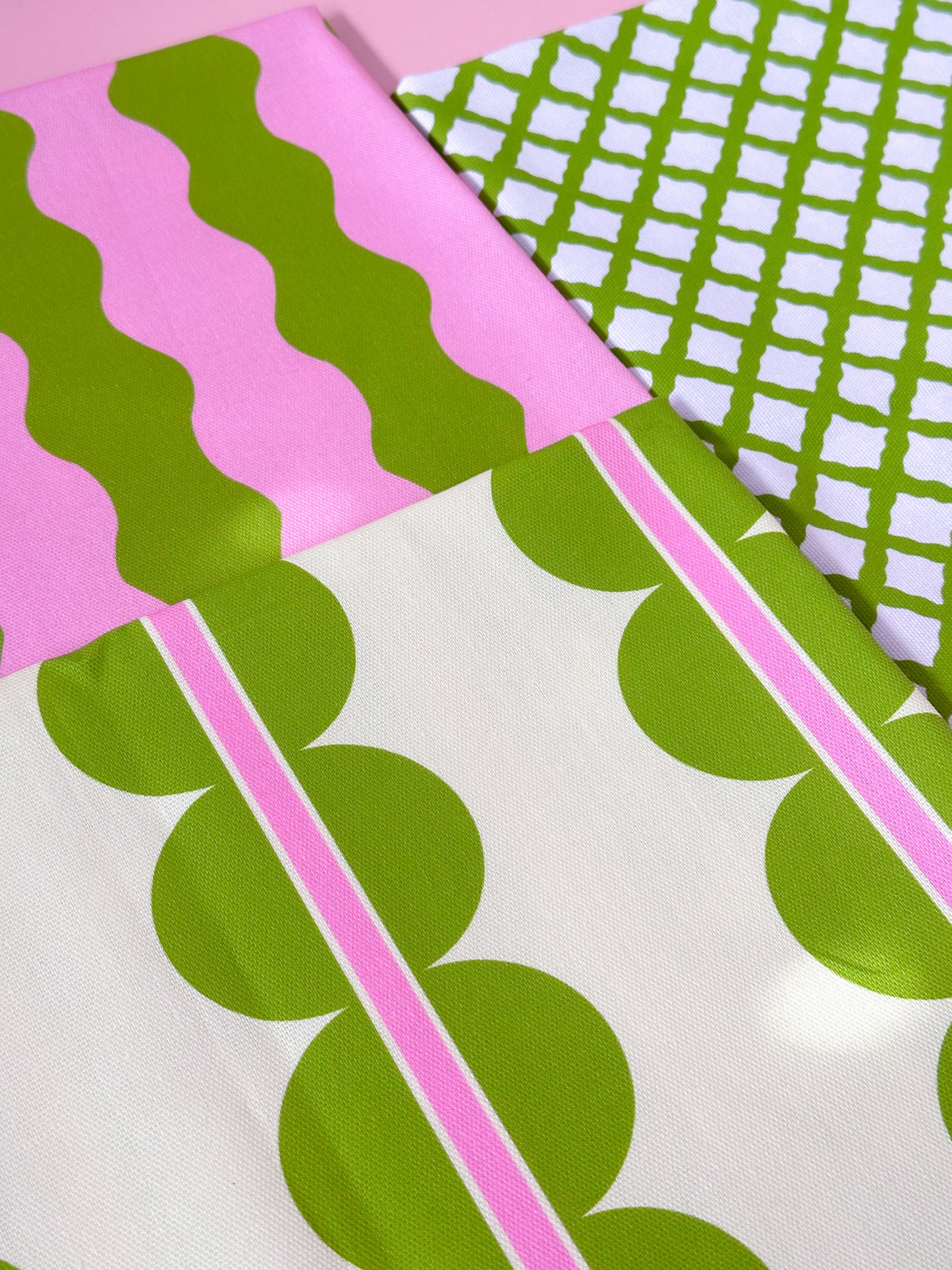 Chartreuse fabrics with scallops and lattice pattern 