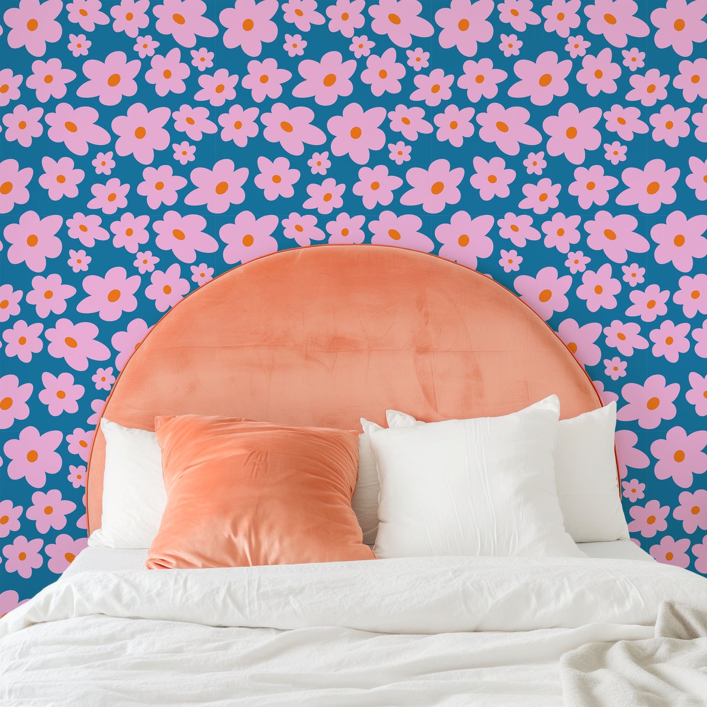 Daisy wallpaper in turquoise blue, pink and orange, uk floral wallpaper, printed sustainably