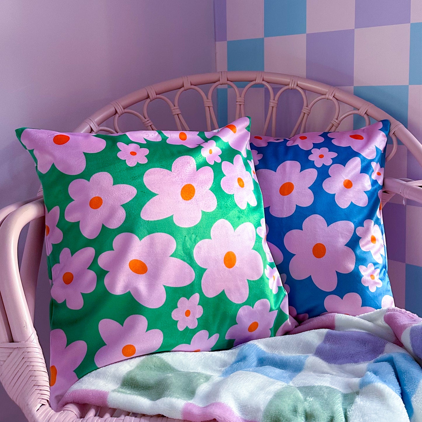 floral velvet cushion, modern style for young people, in green and blue colours