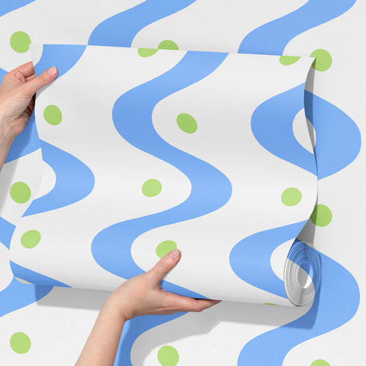 wavy wallpaper for interiors bedroom, kitchen, bathroom in blue and green colour