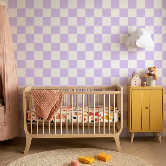 lilac and white checkerboard wallpaper for nursery, bedroom, girls room, teenager room, pastel maximalism