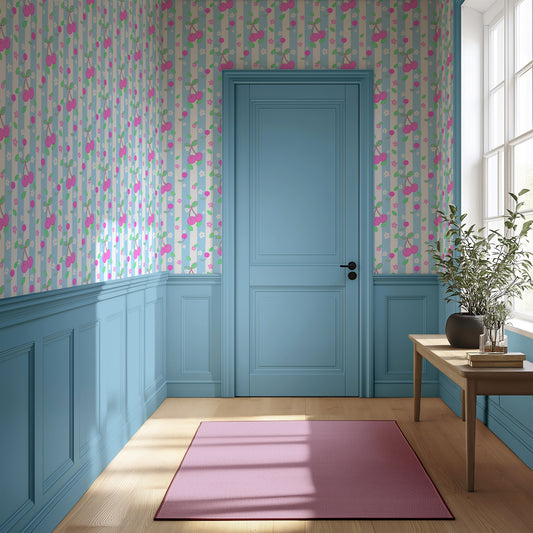 cherry wallpaper in pink and blue stripes fruity decor dopamine pastel home walls delicious quirky fun kids hallways any room