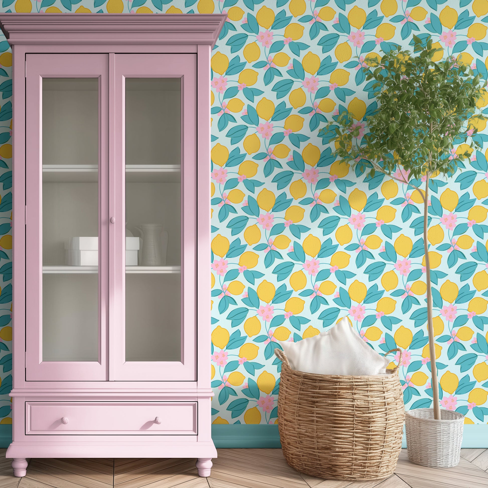 lemon pattern wallpaper in blue, yellow and pink colours, modern elegant wallcovering, dopamine home decor