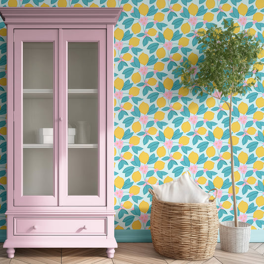 lemon pattern wallpaper in blue, yellow and pink colours, modern elegant wallcovering, dopamine home decor