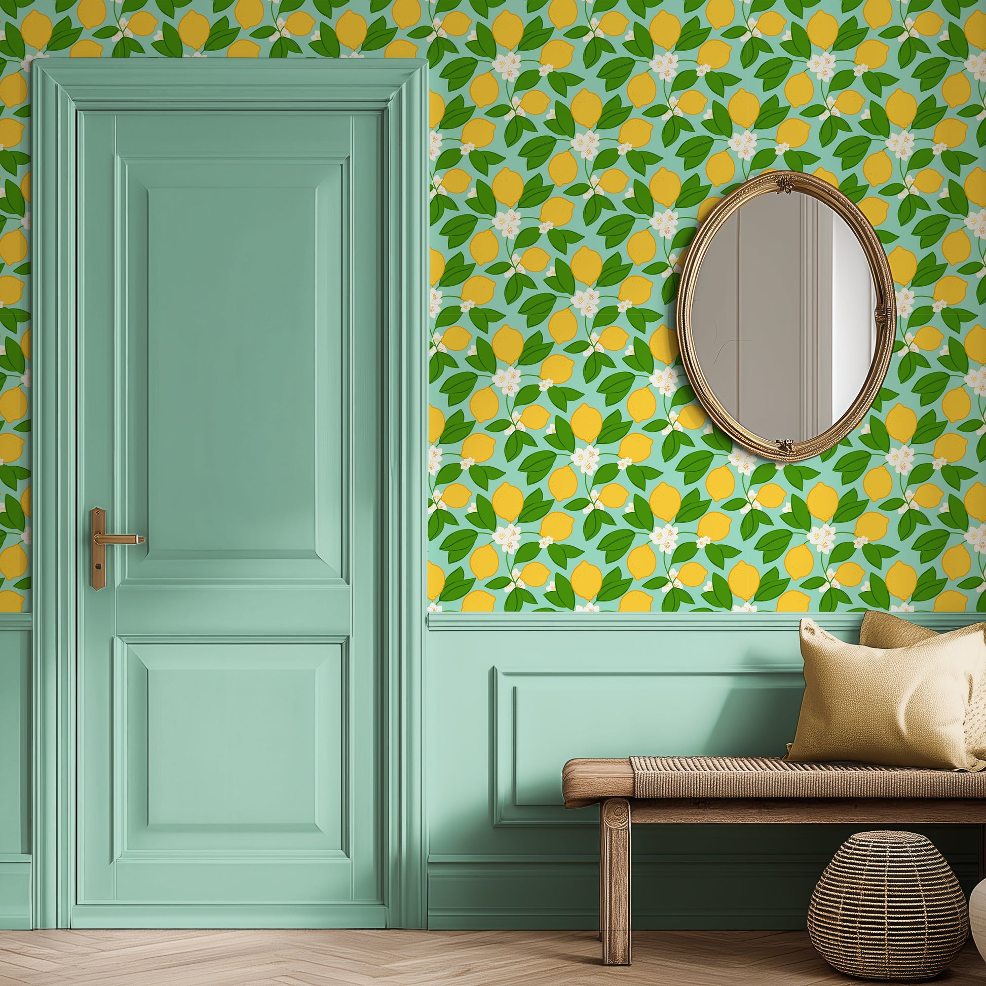 lemon patterned wallpaper with mint green paint, fresh modern interior decor, dopamine wallpaper