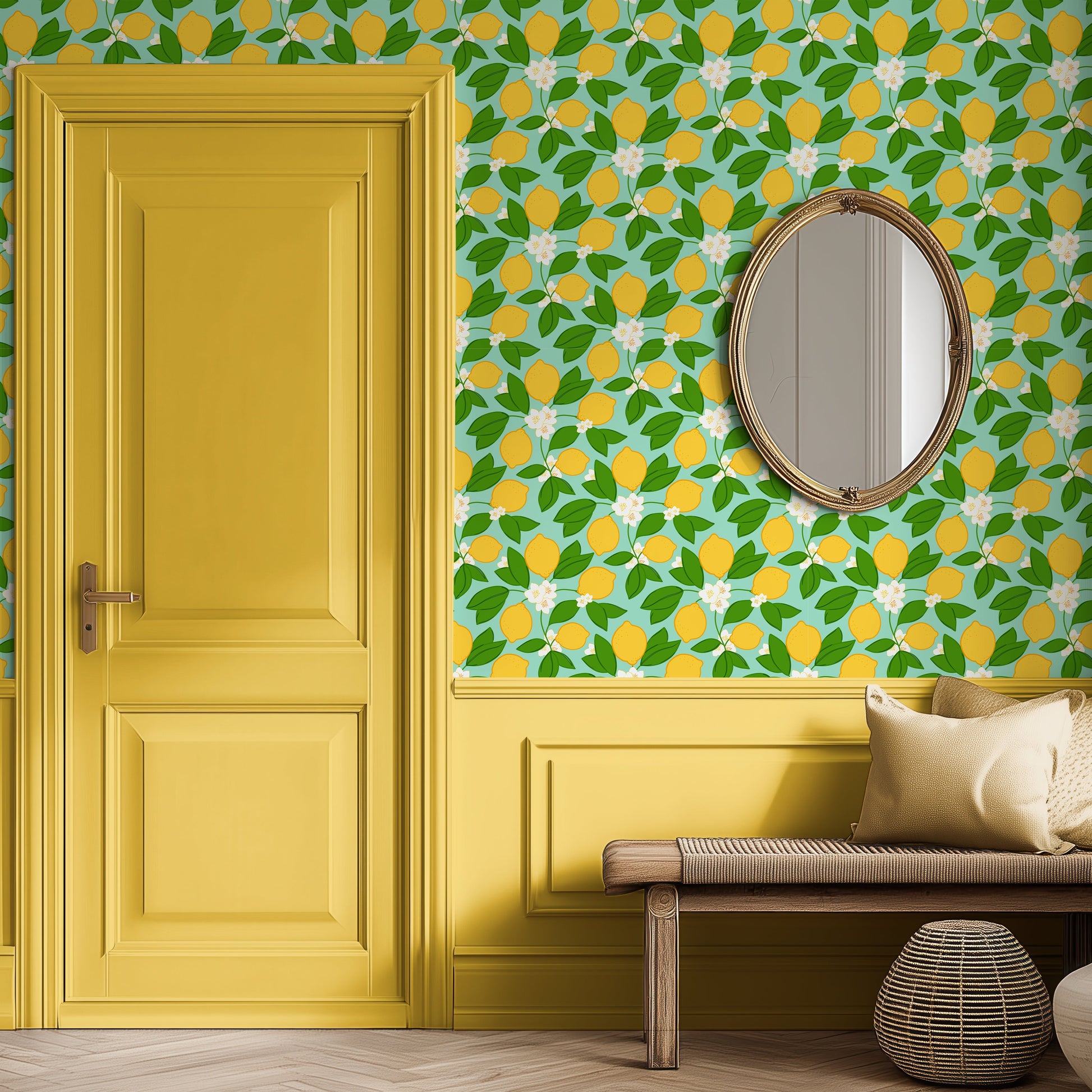 lemon and blossom motif wallpaper with yellow paint, citrus vibe, restaurant, dining room decor