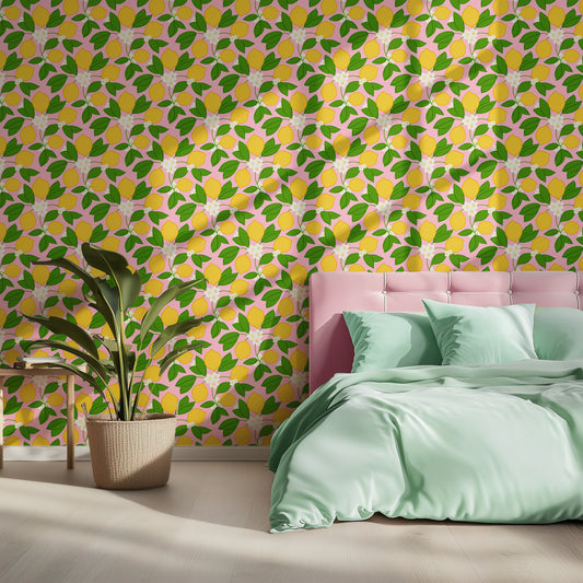 lemon patterned wallpaper in yellow, green and pink colours, perfect bedroom wallpaper, fresh modern elegant design