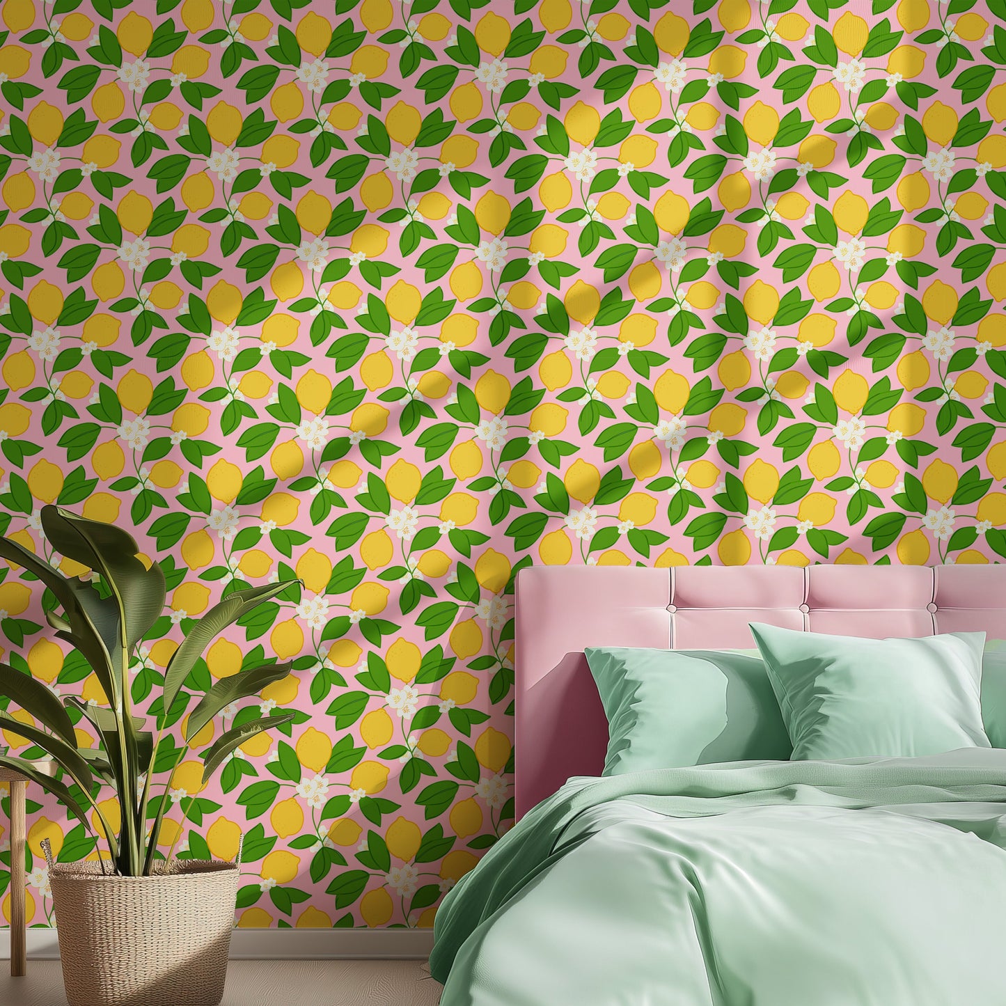 lemon wallpaper in yellow, green and pink colours, perfect bedroom wallpaper, fresh modern elegant design