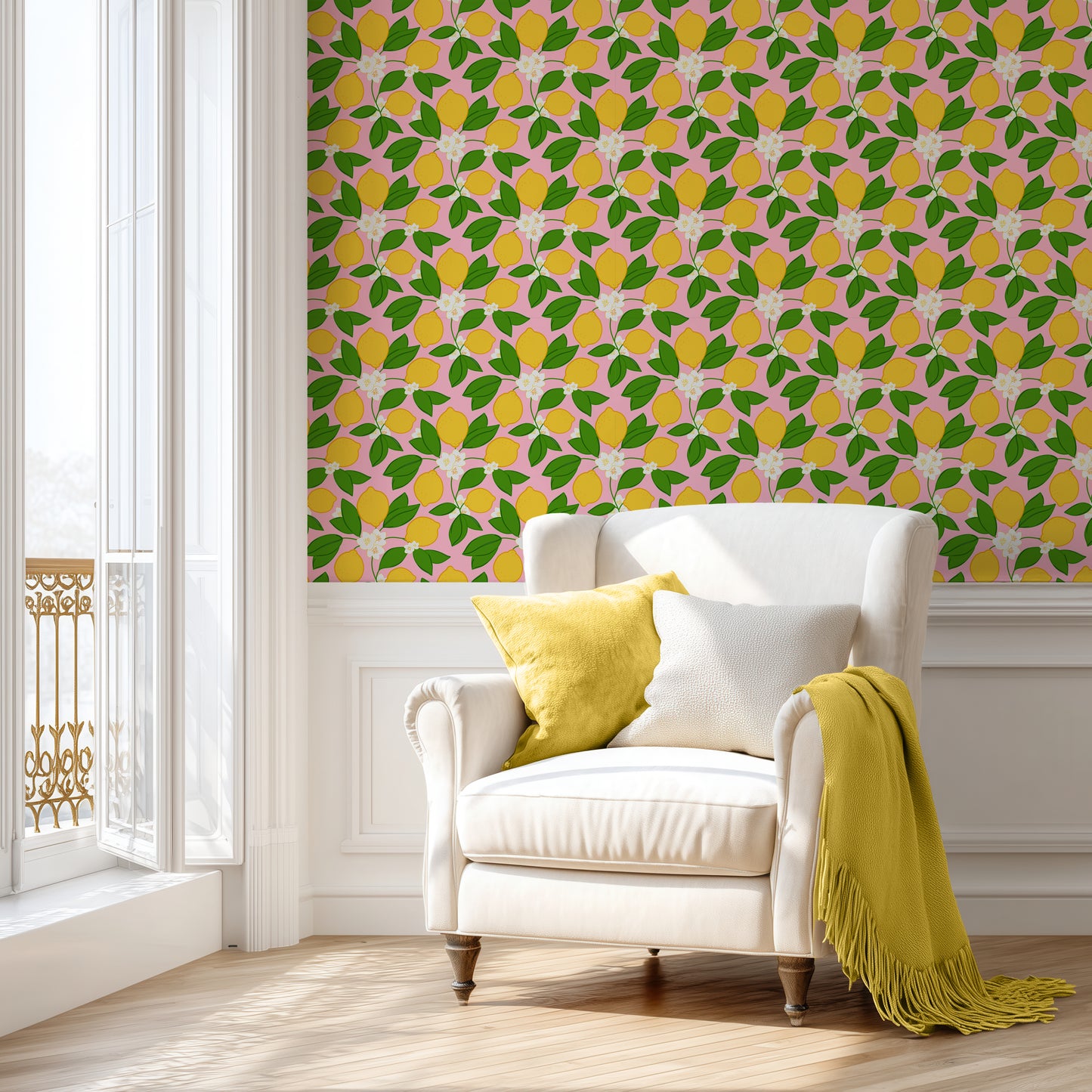 lemon wallpaper for living room, yellow, pink and green wallpaper, modern elegant citrus lemon wallpaper