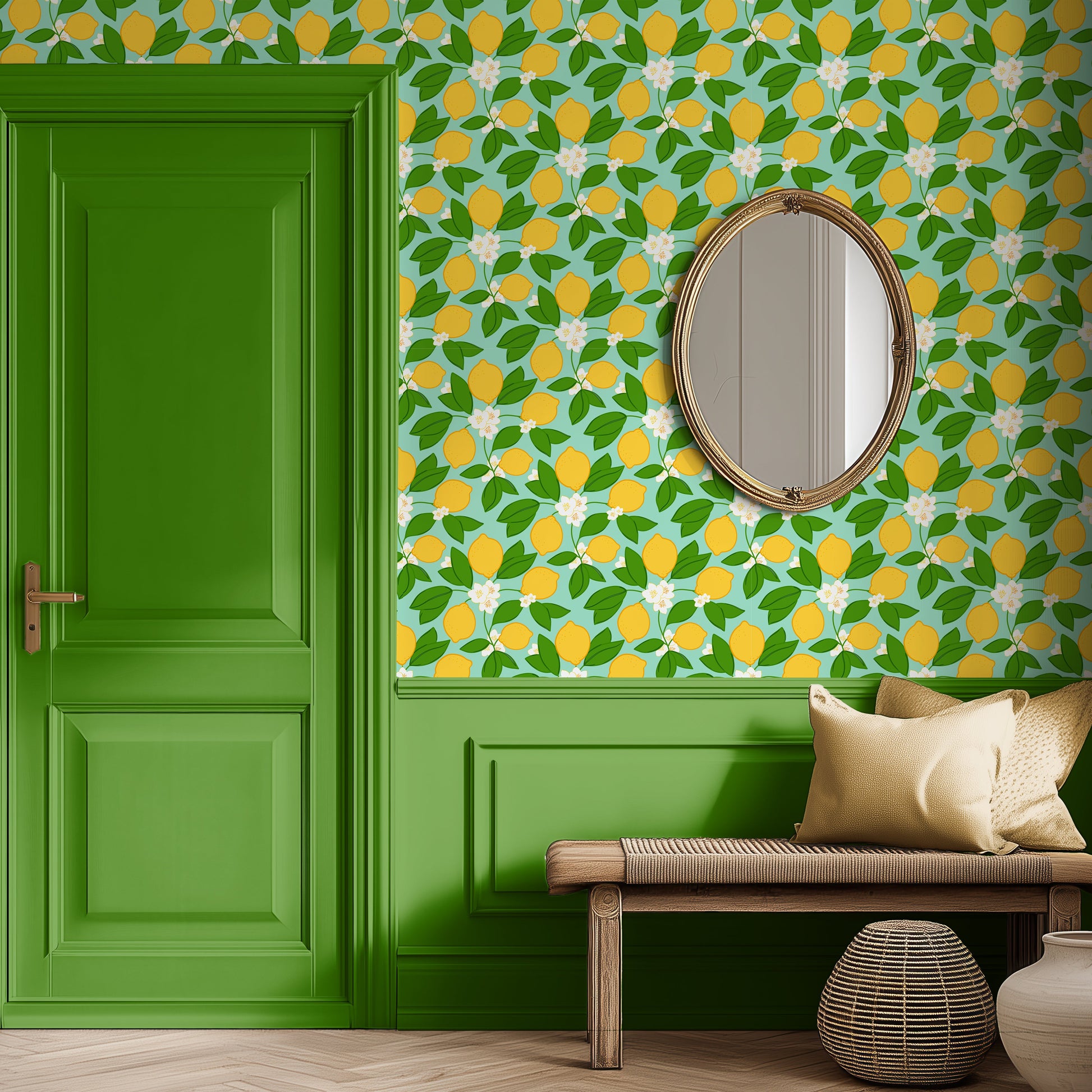 lemon patterned wallpaper in green, yellow and sage green, elegant modern wallpaper