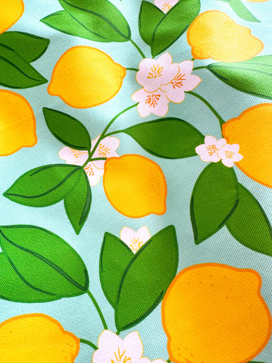 Fabric with pattern of lemons, green leaves, and flowers on a light green background