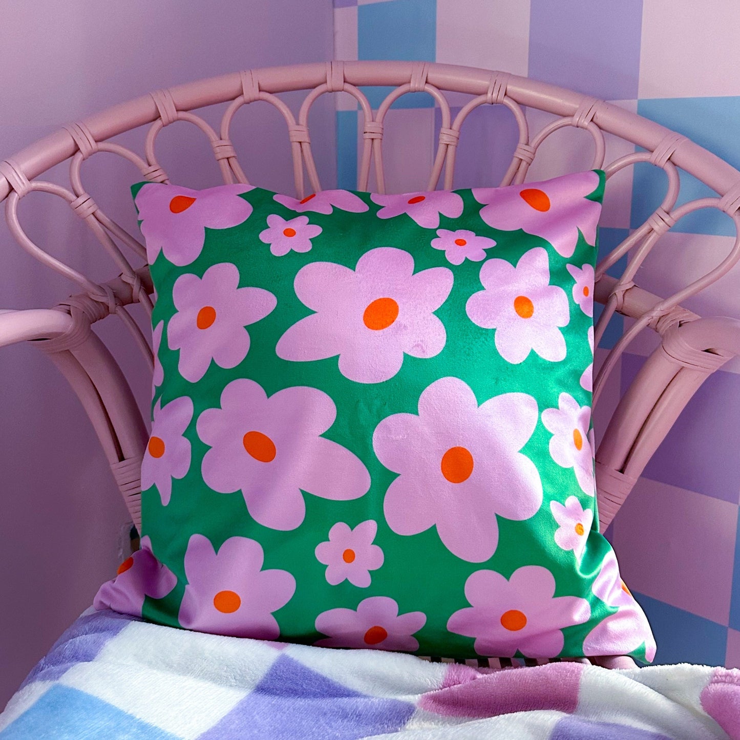 velvet cushion with daisy design in green and pink colours for bedroom, living room