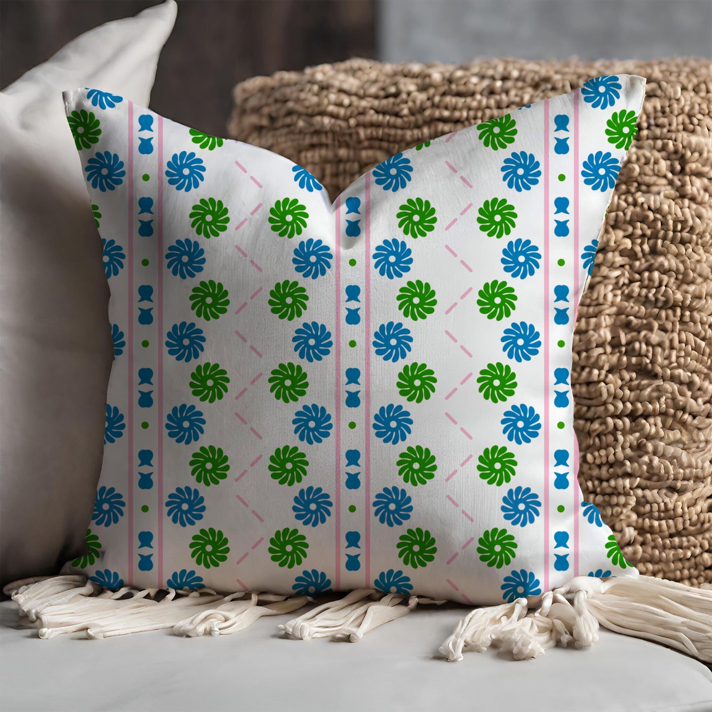 Debrecen border, Modern abstract floral fabric in blue, green and pink with Hungarian motif