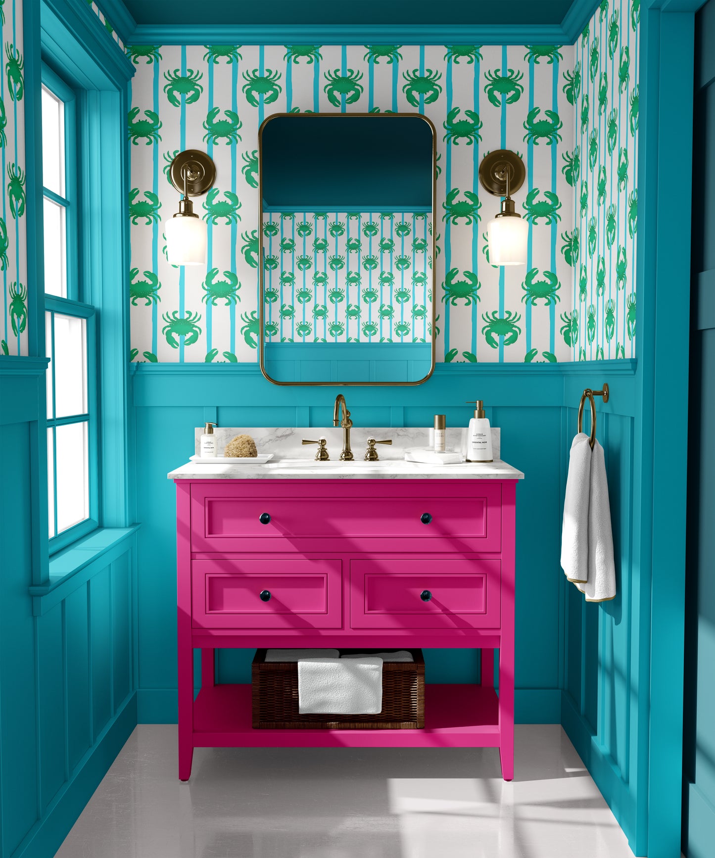 turquoise blue and green crab wallpaper, designer luxury wallpaper, quirky wallpaper, colourful bathroom wallpaper, stripes and crabs wallpaper