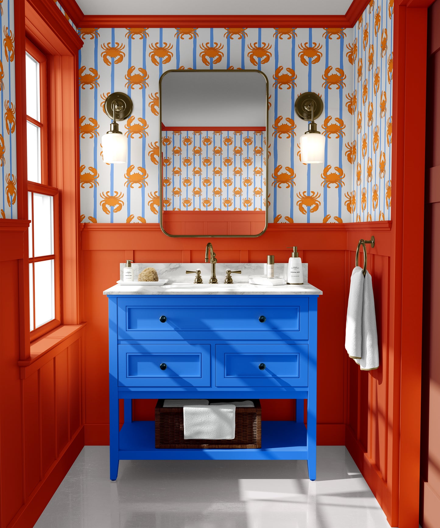 crabs wallpaper in orange and blue colours, colourful quirky wallpaper, bathroom wallpaper, luxury wallcovering, made to order wallpaper in the UK, best wallpaper