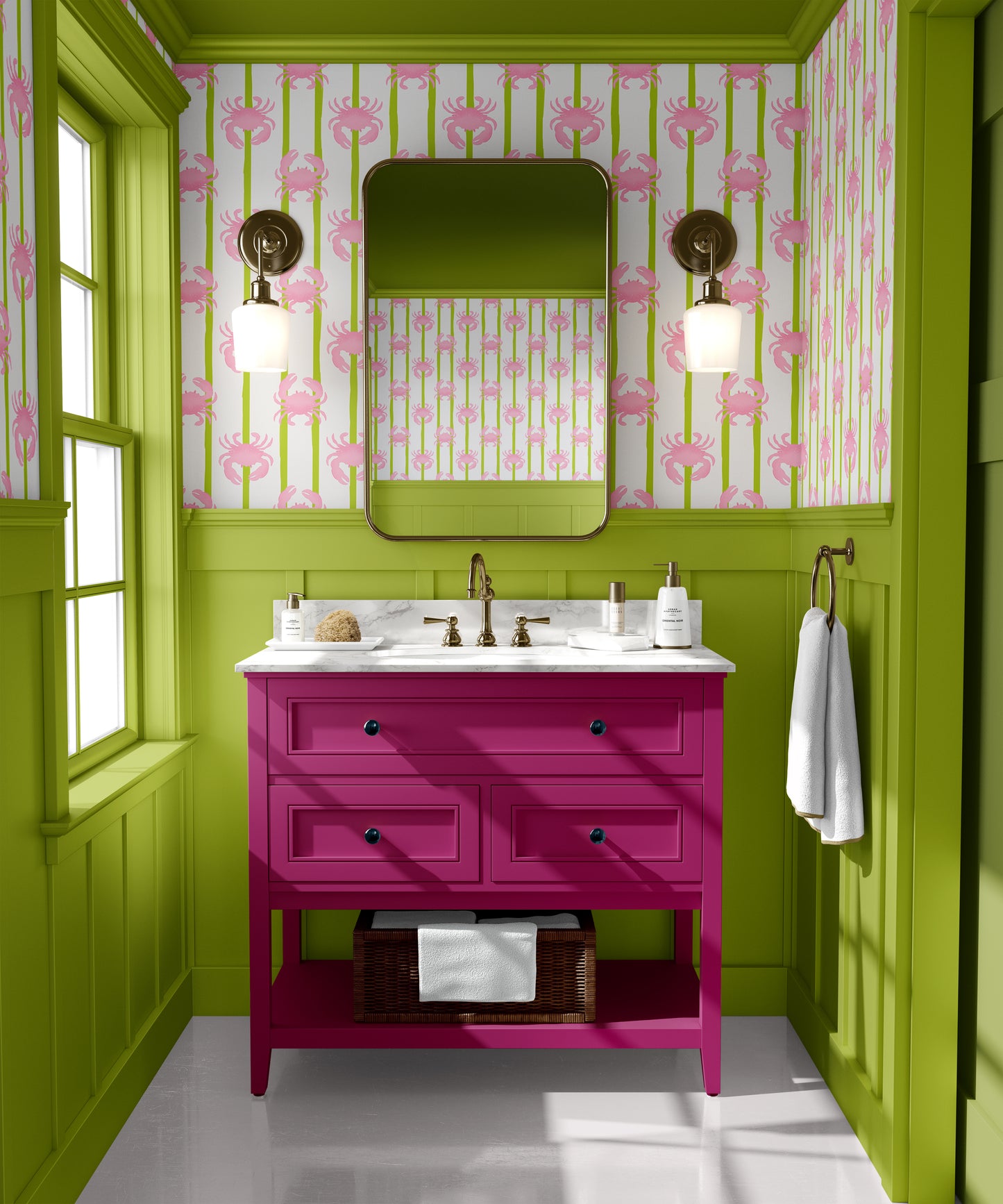 crab wallpaper in lime green and pink, bathroom wallpaper, quirky designer wallpaper made in the UK, made to order luxury wallpaper