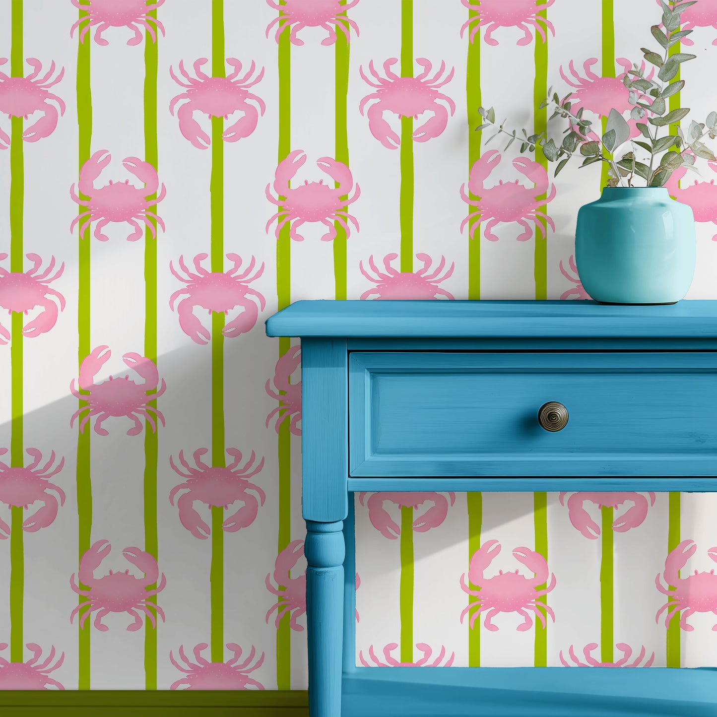 pink crabs wallpaper with lime green stripes