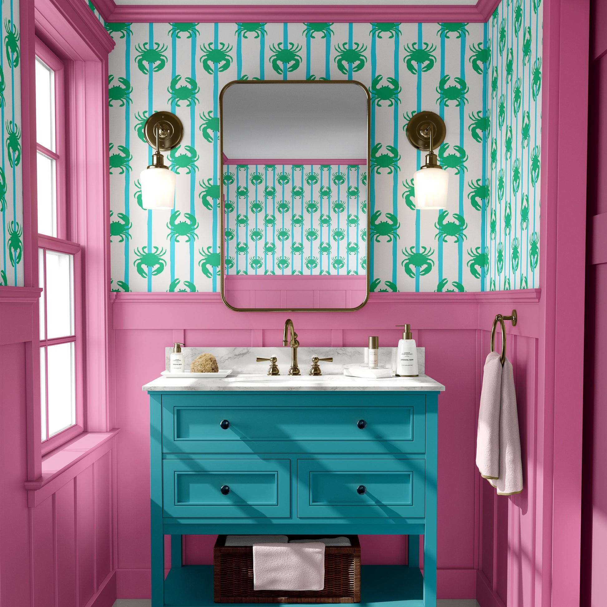 green and blue crab wallpaper for bathroom downstairs toilet quirky fun home decor 