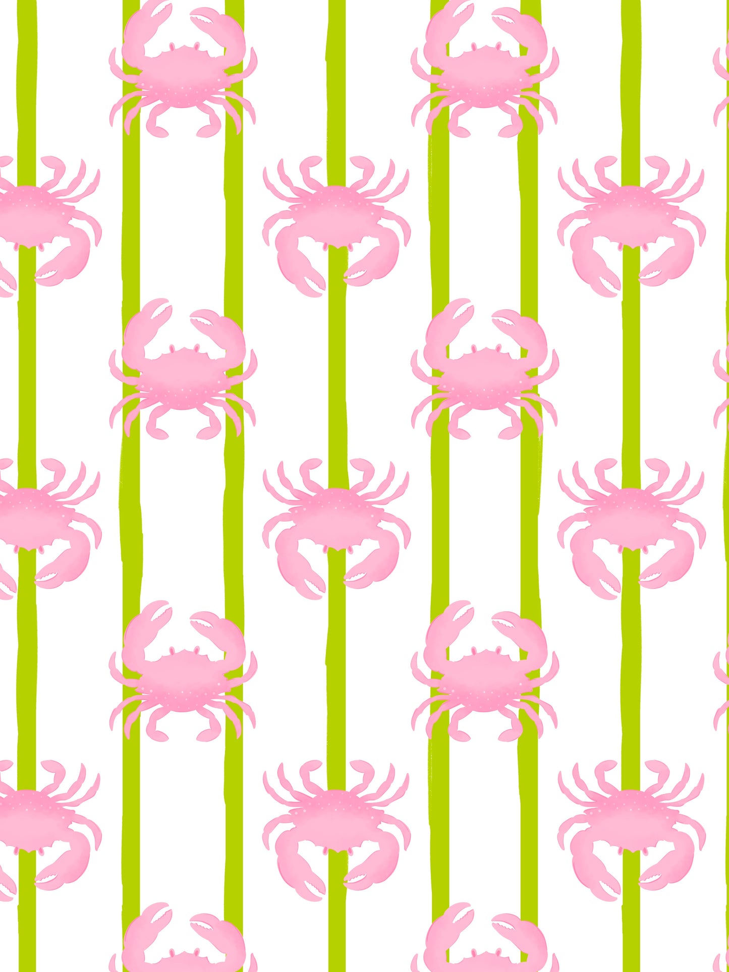 wallpaper with pink crabs on lime green stripes with a white background, lime green wallpaper, pink and green bathroom wallpaper, crabs wallpaper, quirky wallpaper
