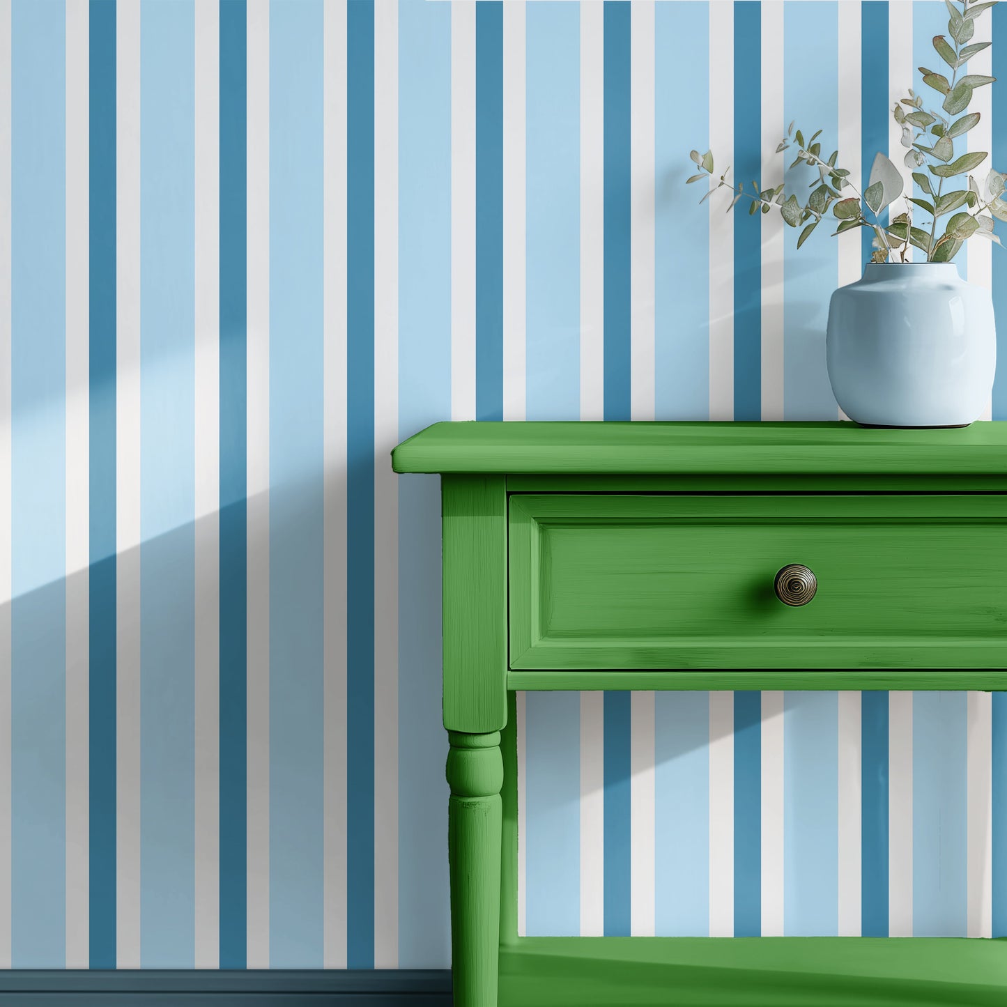 blue stripe wallpaper, best quality blue wallpaper, UK made wallpaper, hallway wallpaper, bedroom wallpaper