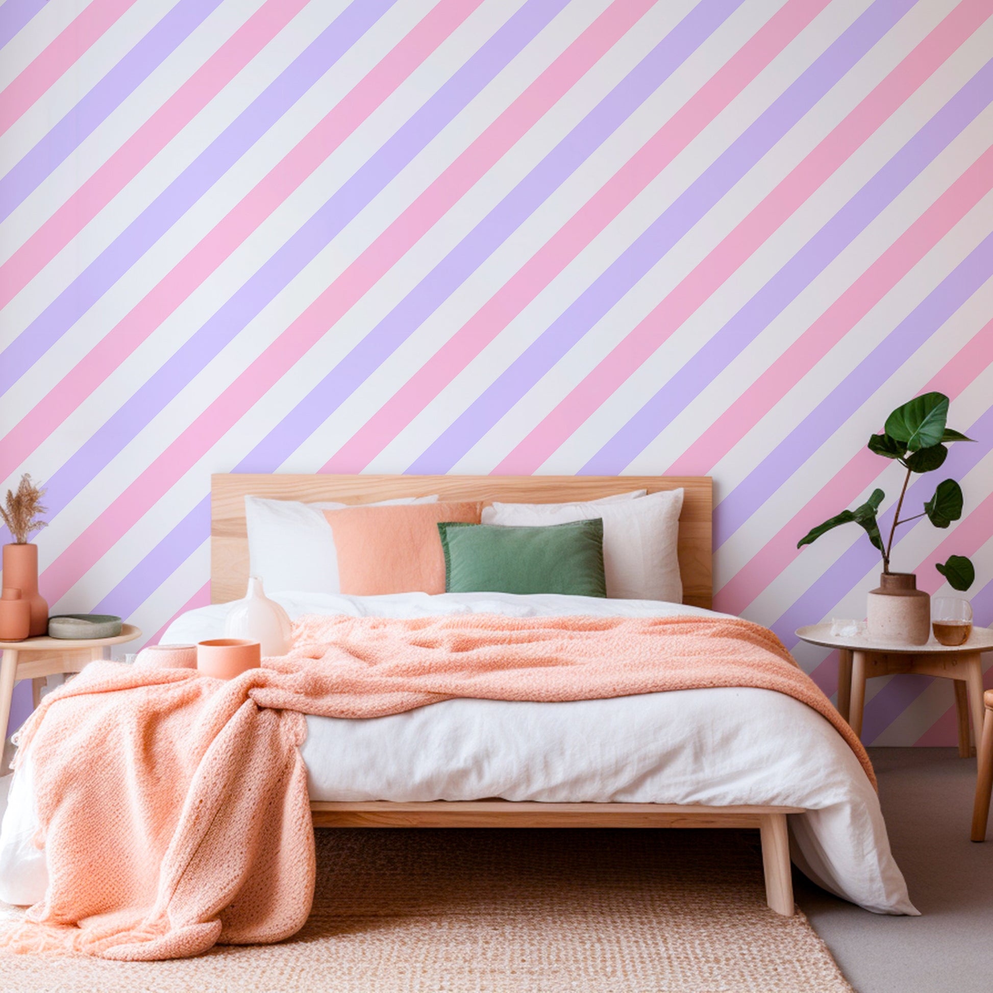 diagonal stripe wallpaper in pink and purple for bedroom walls