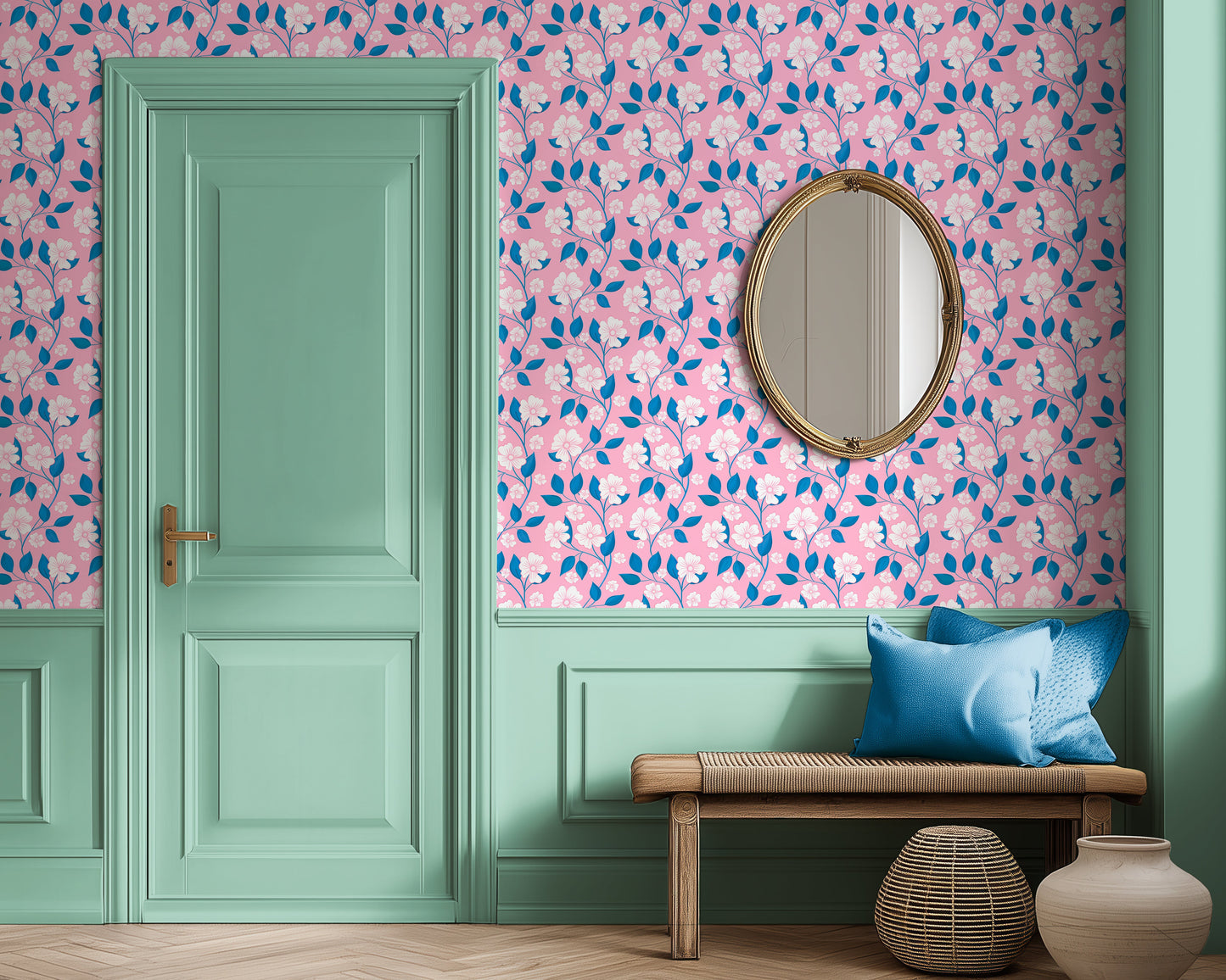 pink and blue floral wallpaper for hallway, girls bedroom, pink interior, romantic modern wall covering
