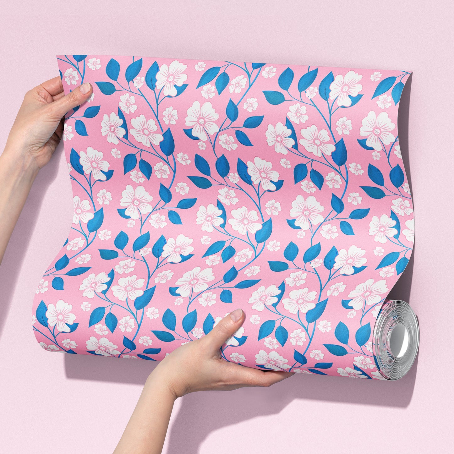 trailing floral wallpaper in pink and blue colours, romantic modern elegant wall covering, Sorbet Dreams floral wallpaper, nursery room decor, pink interior