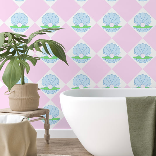shell wallpaper in pink and blue for bathrooms and other interior walls
