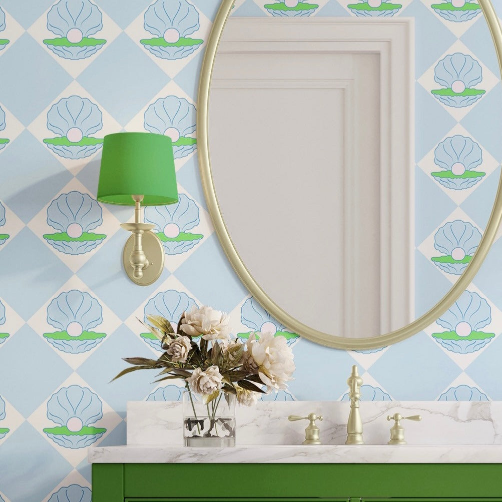 shell bathroom wallpaper in blue and green colours