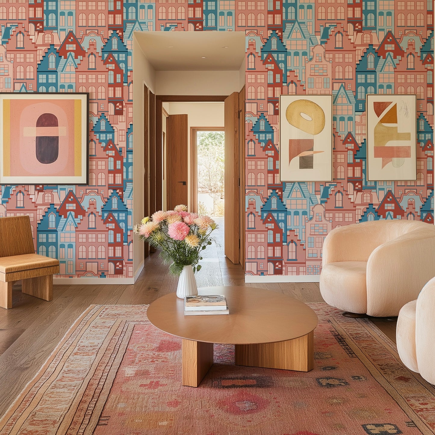 ‘House Party' Wallpaper in terracotta and blue