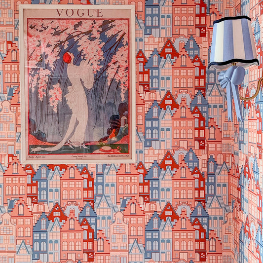 ‘House Party' vintage inspired wallpaper in terracotta, plaster pink and blue