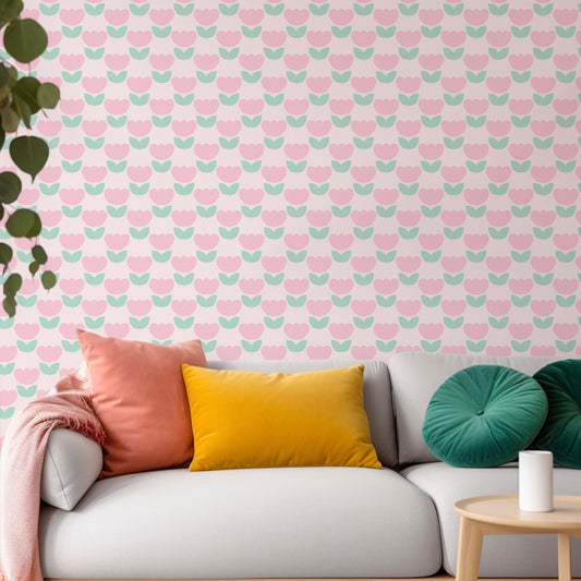 Tulip wallpaper in pink peach and green colours 
