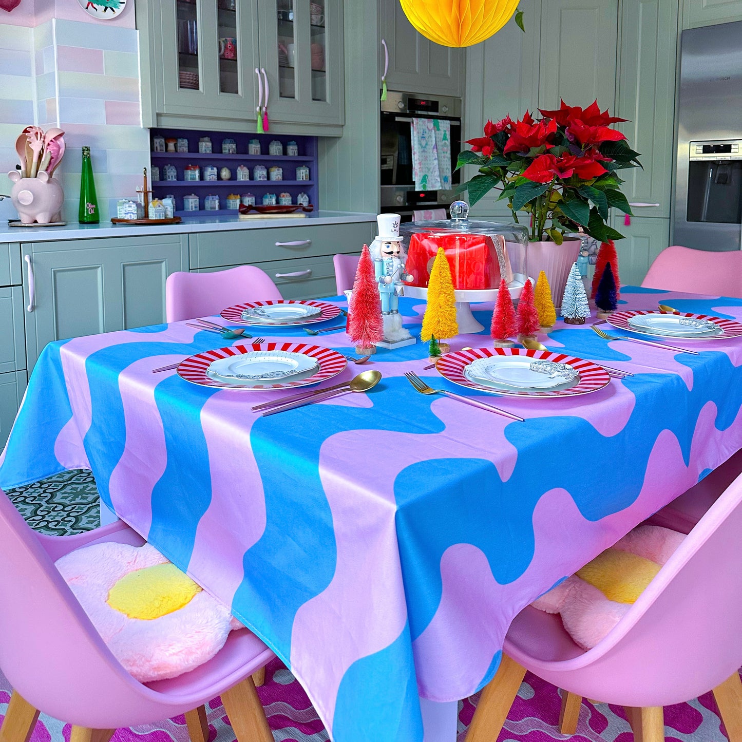luxury designer tablecloth in pink and turquoise