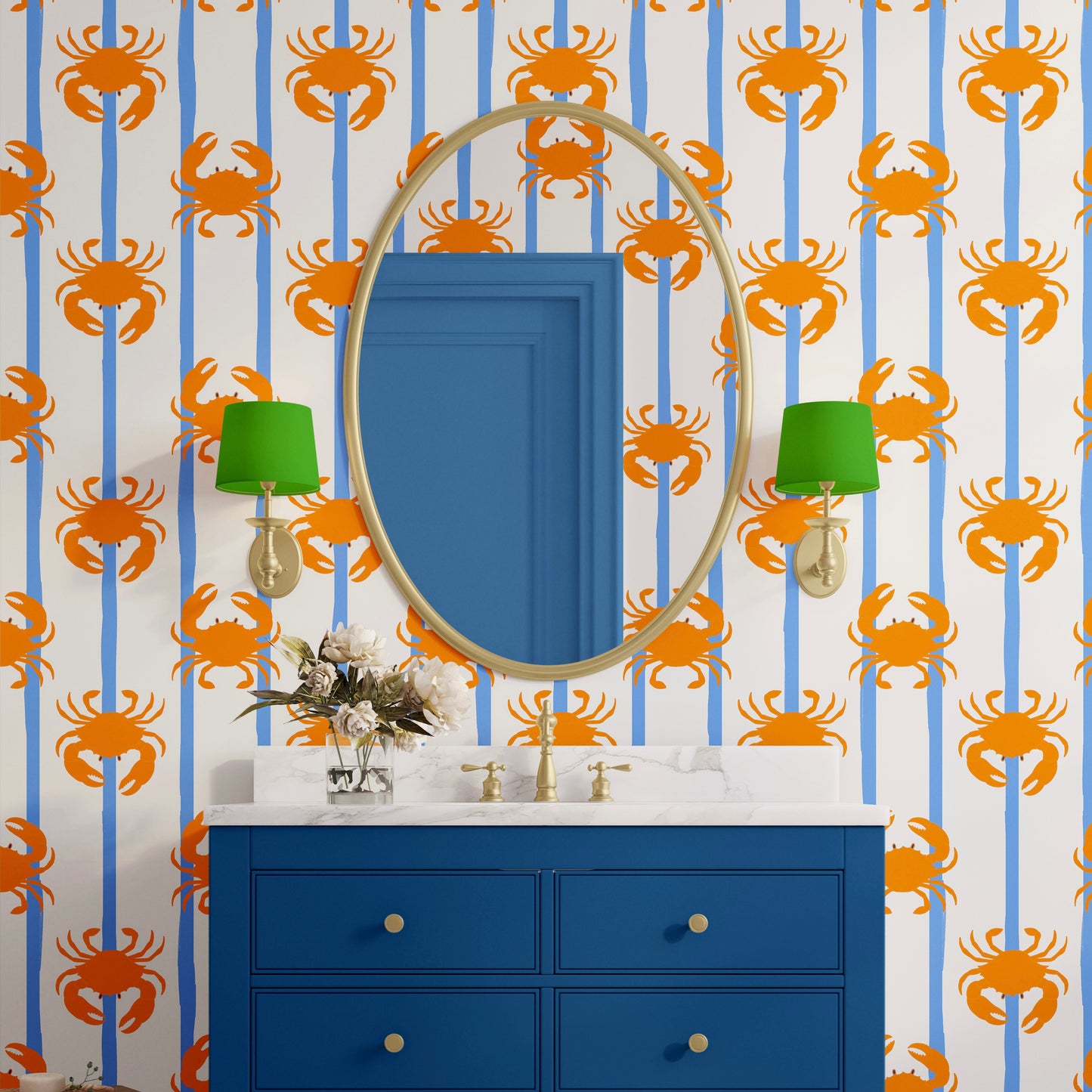 bathroom wallpaper with crabs in orange with blue stripes