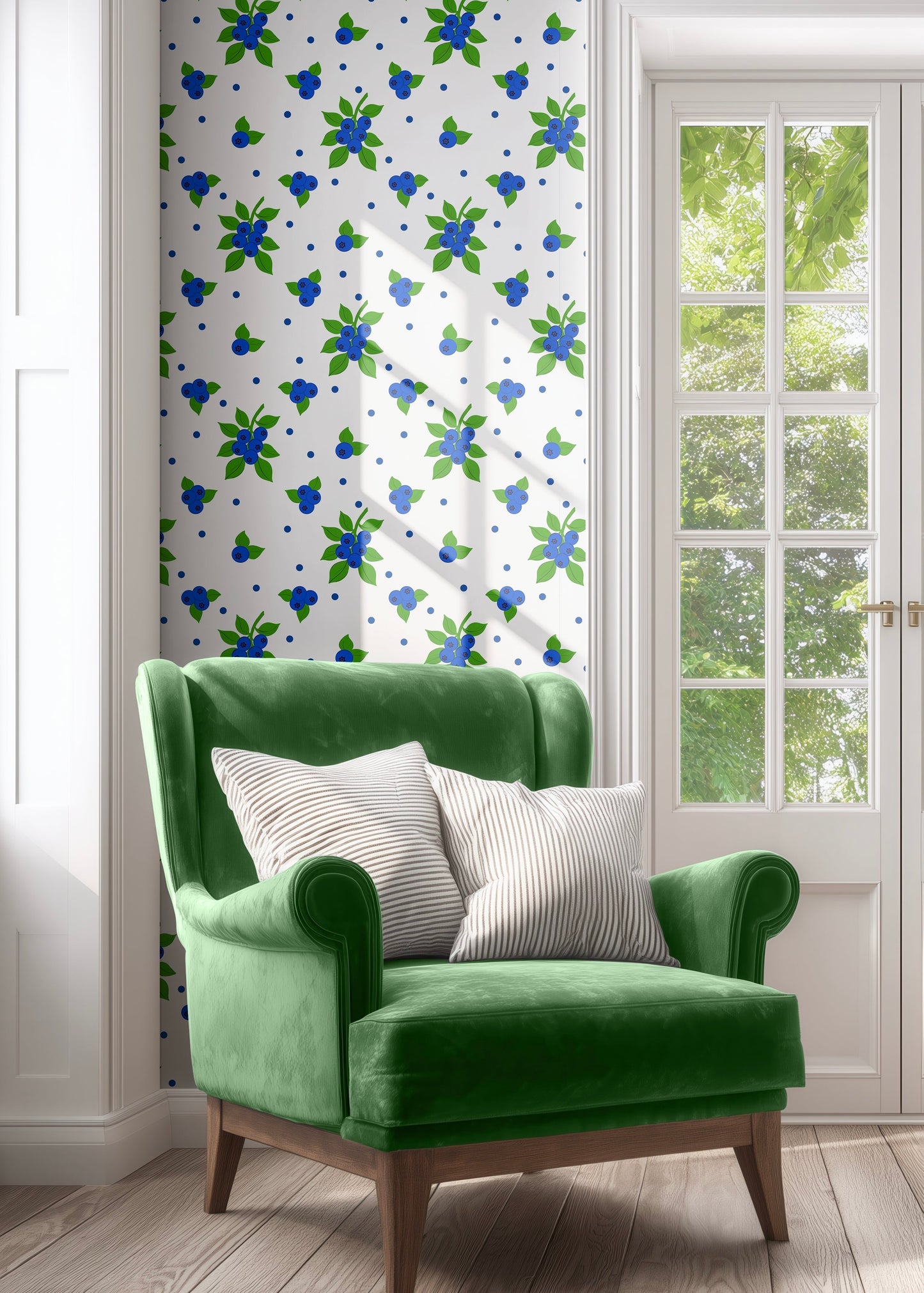 Blueberry blue and green wallpaper, modern country style wallpaper, elegant, fresh stylish 