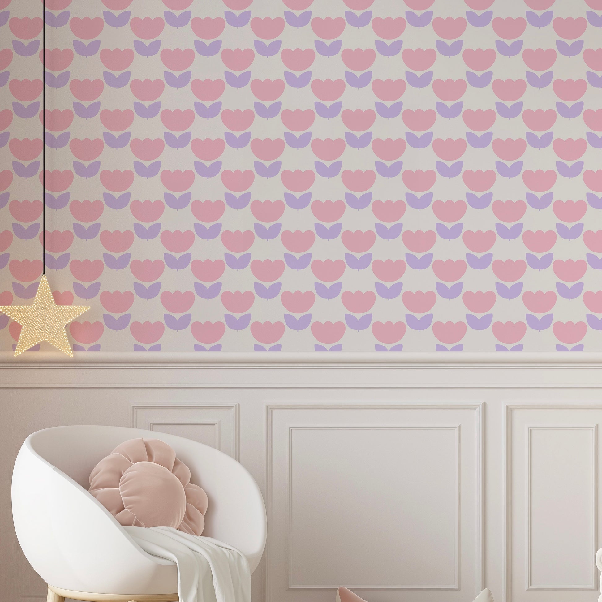 Tulip wallpaper in pink and lilac purple for kids room nursery wallpaper 