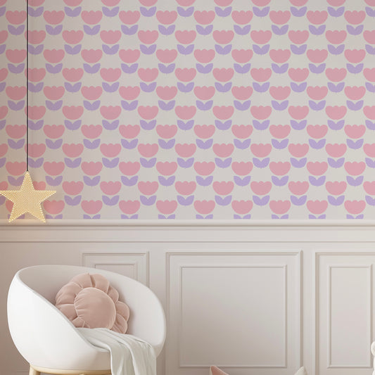 Tulip wallpaper in pink and lilac purple for kids room nursery wallpaper 